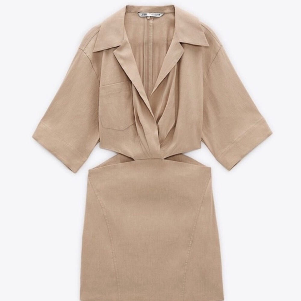 Zara Linen Blend Cutout Dress in Tan - Picture 2 of 9